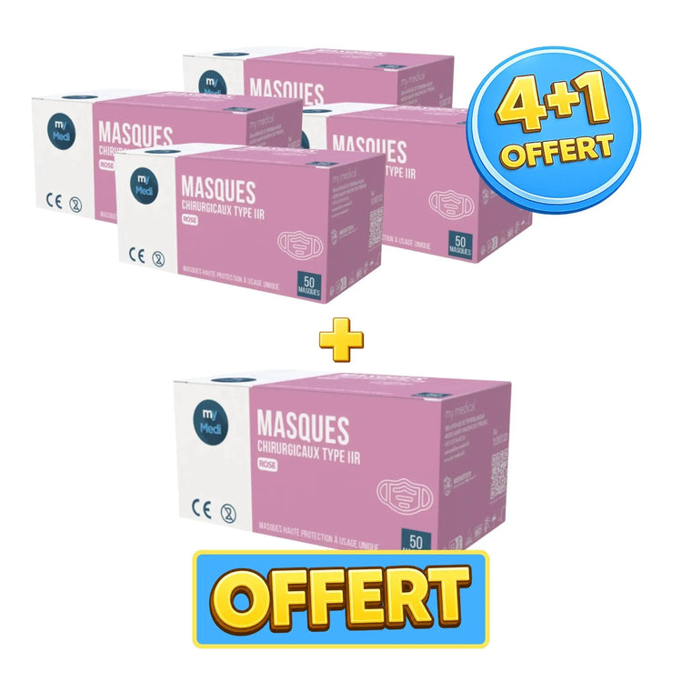 Pack 4+1 boîtes de 50 masques chirurgicaux rose ou blanc - 3 plis de type IIR - Norme EN14683 - Certification CE - My Médical My Medical 